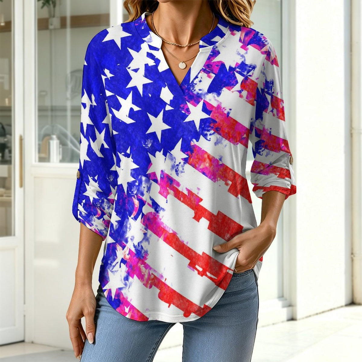 Stand-up Collar Long-sleeved Shirt Blue And Red,United States  Customization Women’s V-Neck Blouses,long Sleeve,Roll-Up Sleeve Shirt