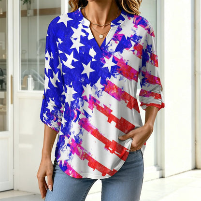 Stand-up Collar Long-sleeved Shirt Blue And Red,United States  Customization Women’s V-Neck Blouses,long Sleeve,Roll-Up Sleeve Shirt