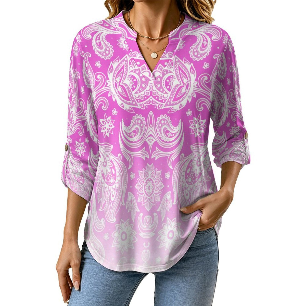 Stand-up Collar Long-sleeved Shirt Paisley  Customization Women’s V-Neck Blouses,long Sleeve,Roll-Up Sleeve Shirt