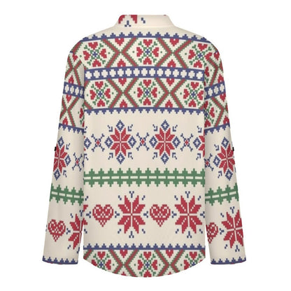 Stand-up Collar Long-sleeved Shirt Christmas Pattern  Customization Women’s V-Neck Blouses,long Sleeve,Roll-Up Sleeve Shirt