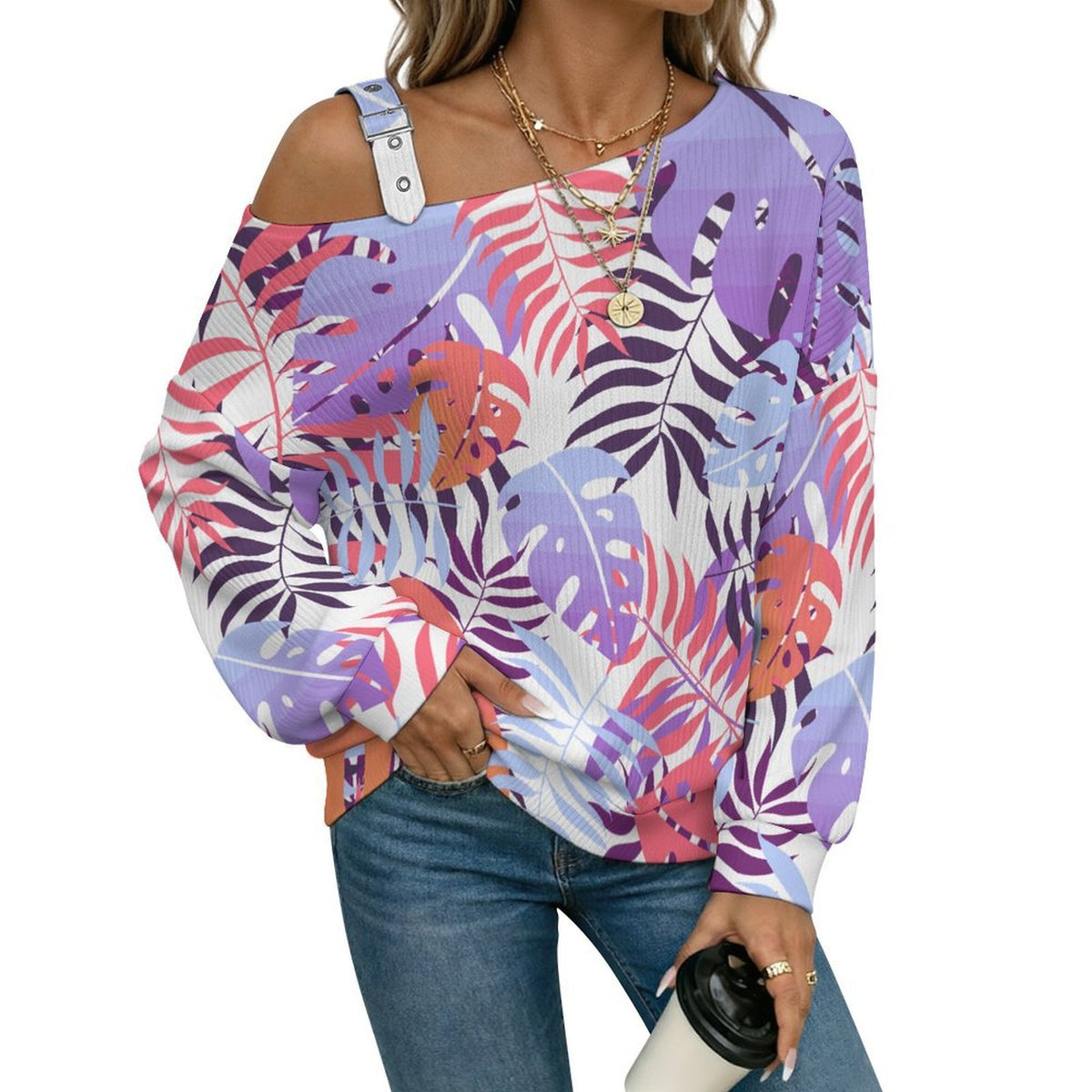 Off-the-shoulder Sweater Tile Pattern-Leaf-Purple-Pink  Asymmetric Cold Shoulder Knit Sweater for Women, Adjustable Buckle Strap Long Sleeve Casual Slouchy Pullover