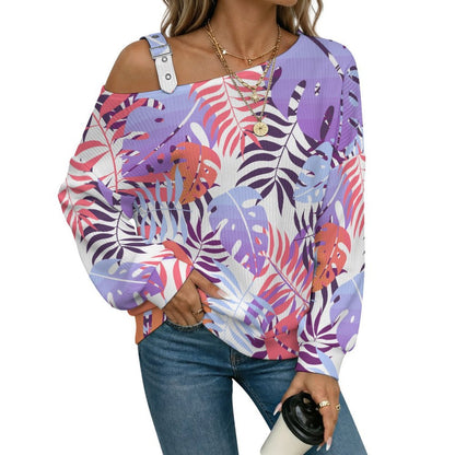 Off-the-shoulder Sweater Tile Pattern-Leaf-Purple-Pink  Asymmetric Cold Shoulder Knit Sweater for Women, Adjustable Buckle Strap Long Sleeve Casual Slouchy Pullover
