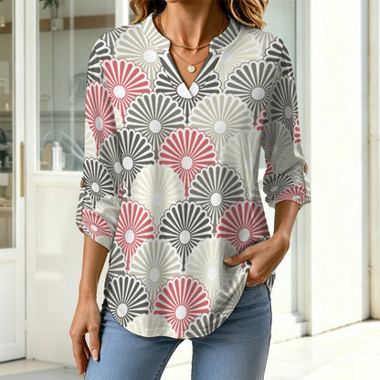 Repetitive Pattern  Versatile Notched V-Neck Tunic | Roll Tab 3/4 Sleeve Office Casual Top