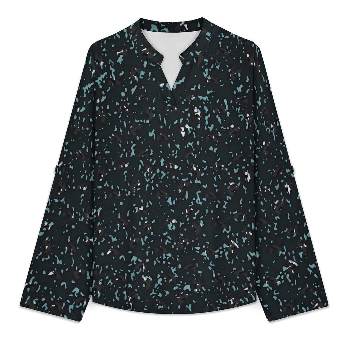 Stand-up Collar Long-sleeved Shirt Plant Bird Leaves  Women’s V-Neck Blouses