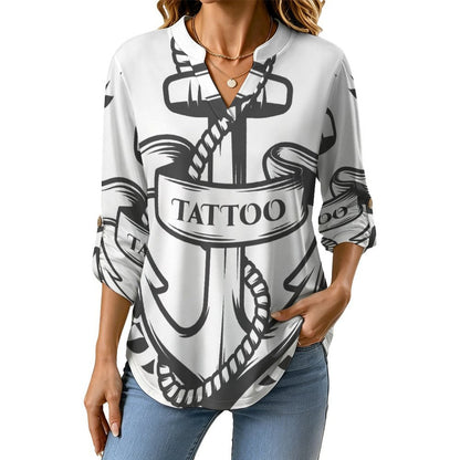 Stand-up Collar Long-sleeved Shirt Anchor, T-shirt  Customization Women’s V-Neck Blouses,long Sleeve,Roll-Up Sleeve Shirt
