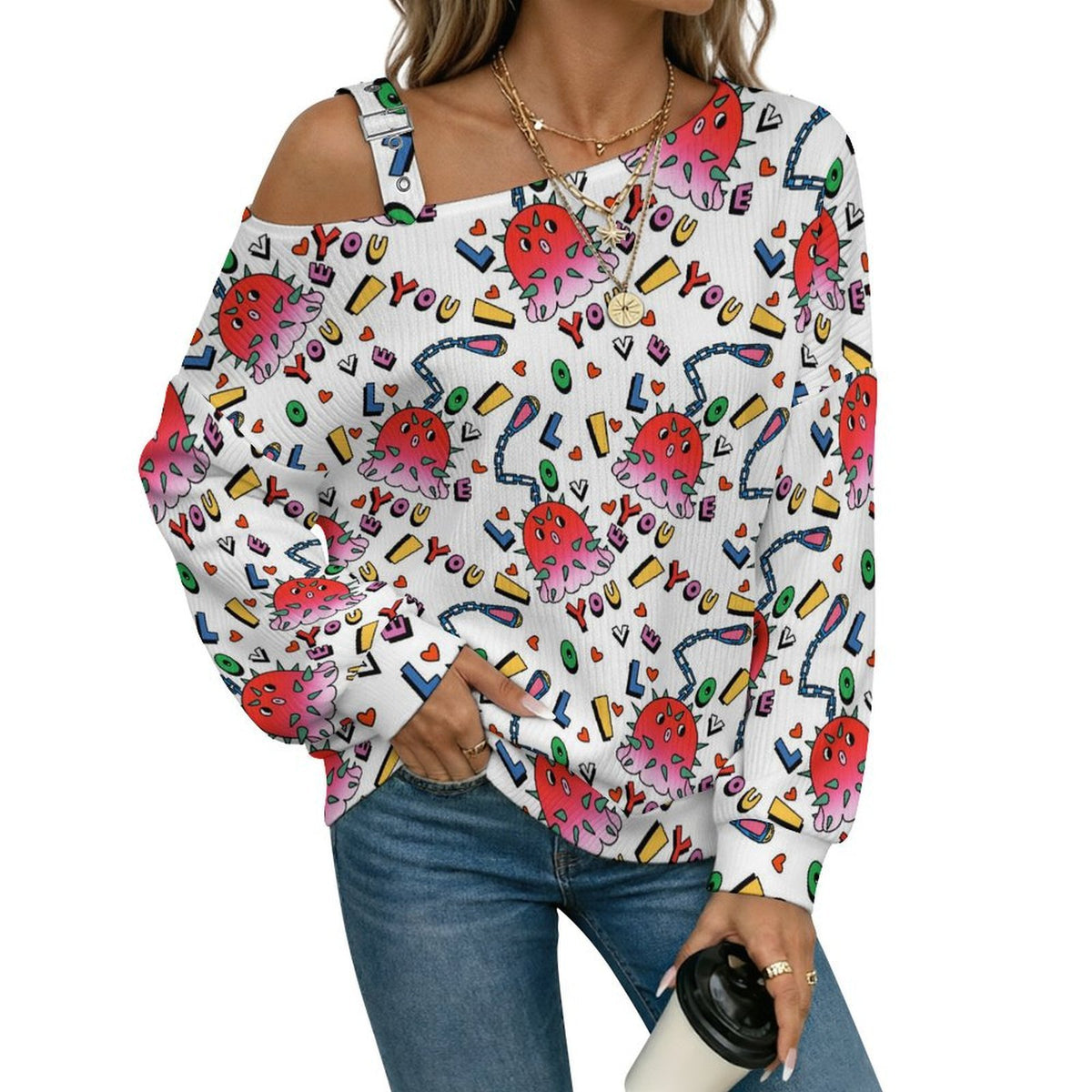 Octopus Love PatternAdjustable Buckle Strap Long Sleeve Casual Slouchy Pullover