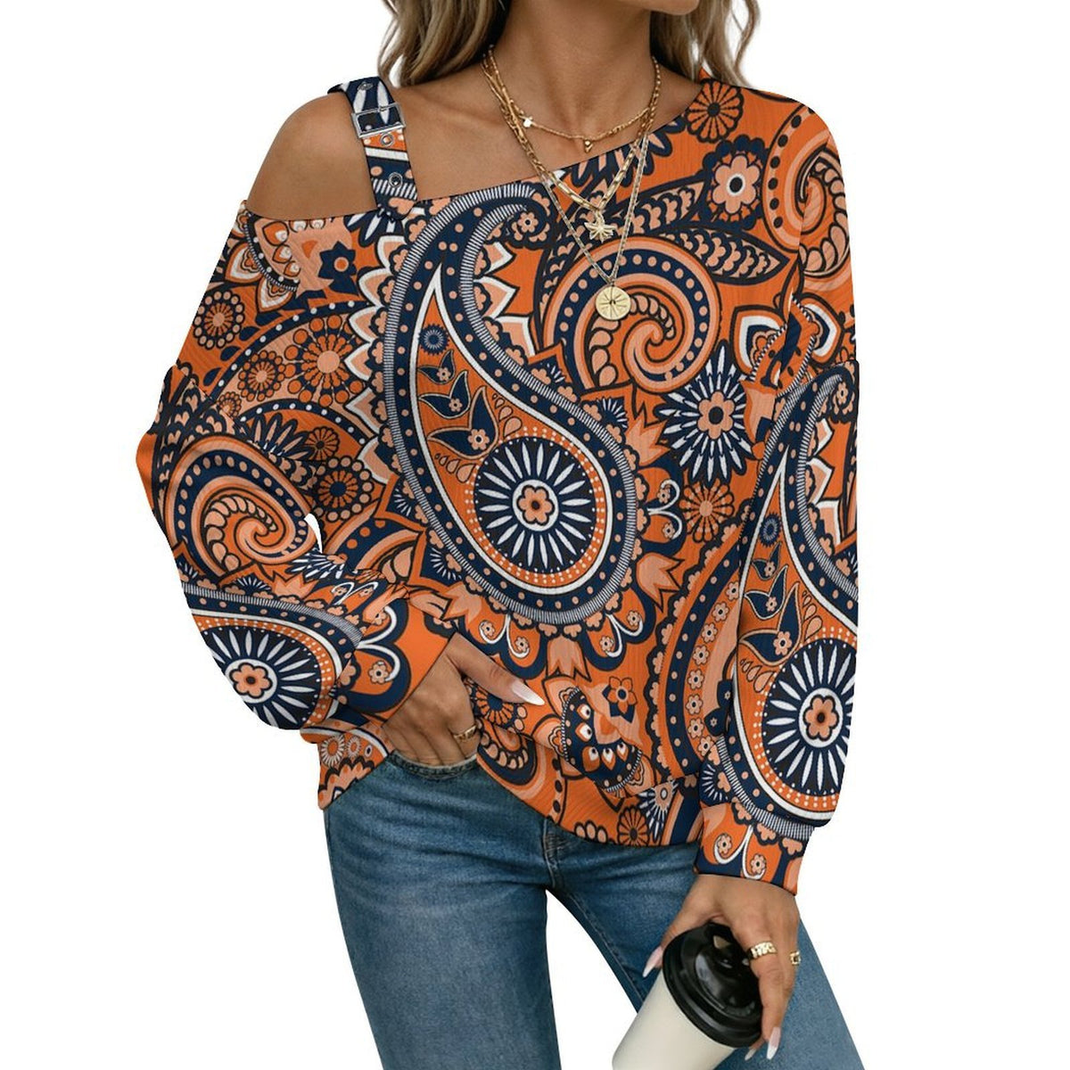Women’s Off-Shoulder Knit Sweater Paisley