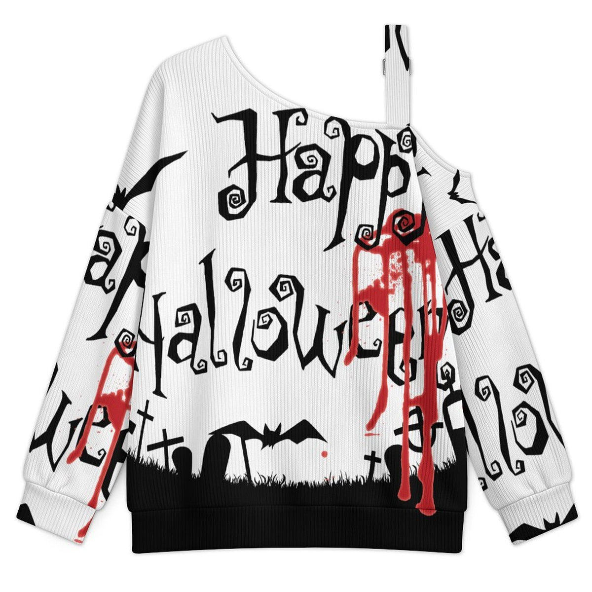 Off-the-shoulder Sweater Halloween Ghosts, Bats  Asymmetric Cold Shoulder Knit Sweater for Women, Adjustable Buckle Strap Long Sleeve Casual Slouchy Pullover