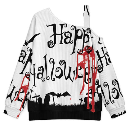 Off-the-shoulder Sweater Halloween Ghosts, Bats  Asymmetric Cold Shoulder Knit Sweater for Women, Adjustable Buckle Strap Long Sleeve Casual Slouchy Pullover