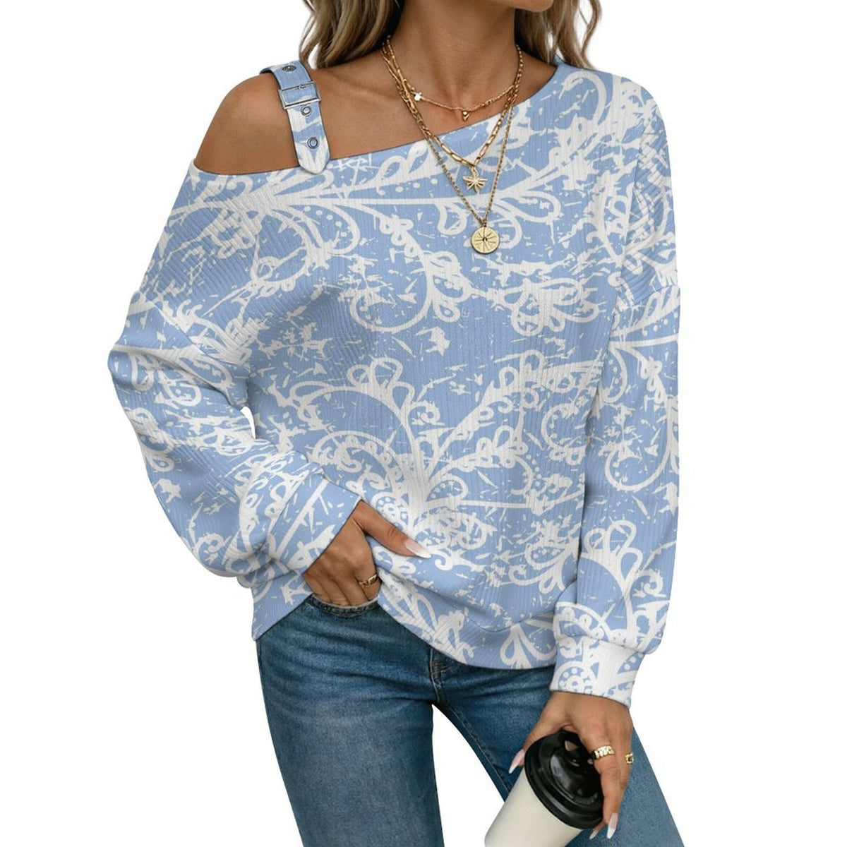 Off-the-shoulder Sweater Blue Pattern  Asymmetric Cold Shoulder Knit Sweater for Women, Adjustable Buckle Strap Long Sleeve Casual Slouchy Pullover