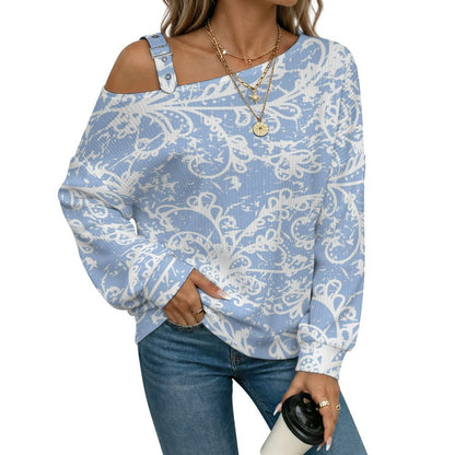 Off-the-shoulder Sweater Blue Pattern  Asymmetric Cold Shoulder Knit Sweater for Women, Adjustable Buckle Strap Long Sleeve Casual Slouchy Pullover