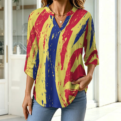 Stand-up Collar Long-sleeved Shirt Stripe Line Pattern  Women’s V-Neck Blouses