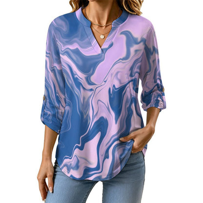 Stand-up Collar Long-sleeved Shirt Children, Bears, Pinecones  Customization Women’s V-Neck Blouses,long Sleeve,Roll-Up Sleeve Shirt