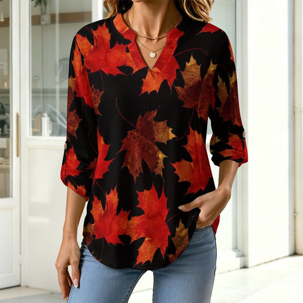 Stand-up Collar Long-sleeved Shirt Leaf Plant Pattern  Customization Women’s V-Neck Blouses,long Sleeve,Roll-Up Sleeve Shirt