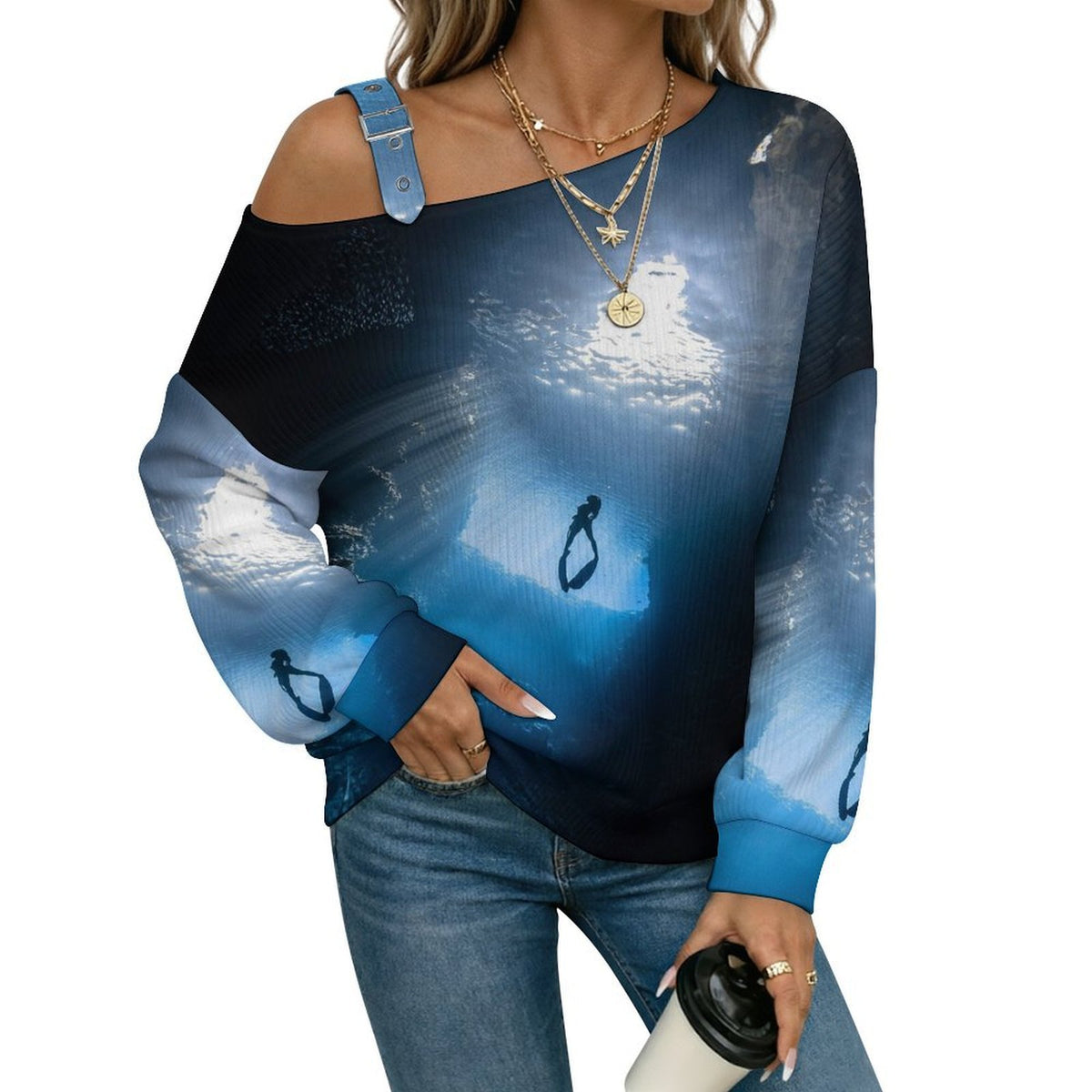 Off-the-shoulder Sweater Light from The Bottom of The Sea  Asymmetric Cold Shoulder Knit Sweater for Women, Adjustable Buckle Strap Long Sleeve Casual Slouchy Pullover