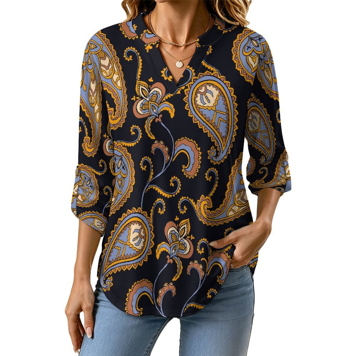 Paisley Women's Notched V Neck Tunic Tops, Roll Up 3/4 Sleeve Button Cuff Casual Blouse, Hem Loose Work Shirts