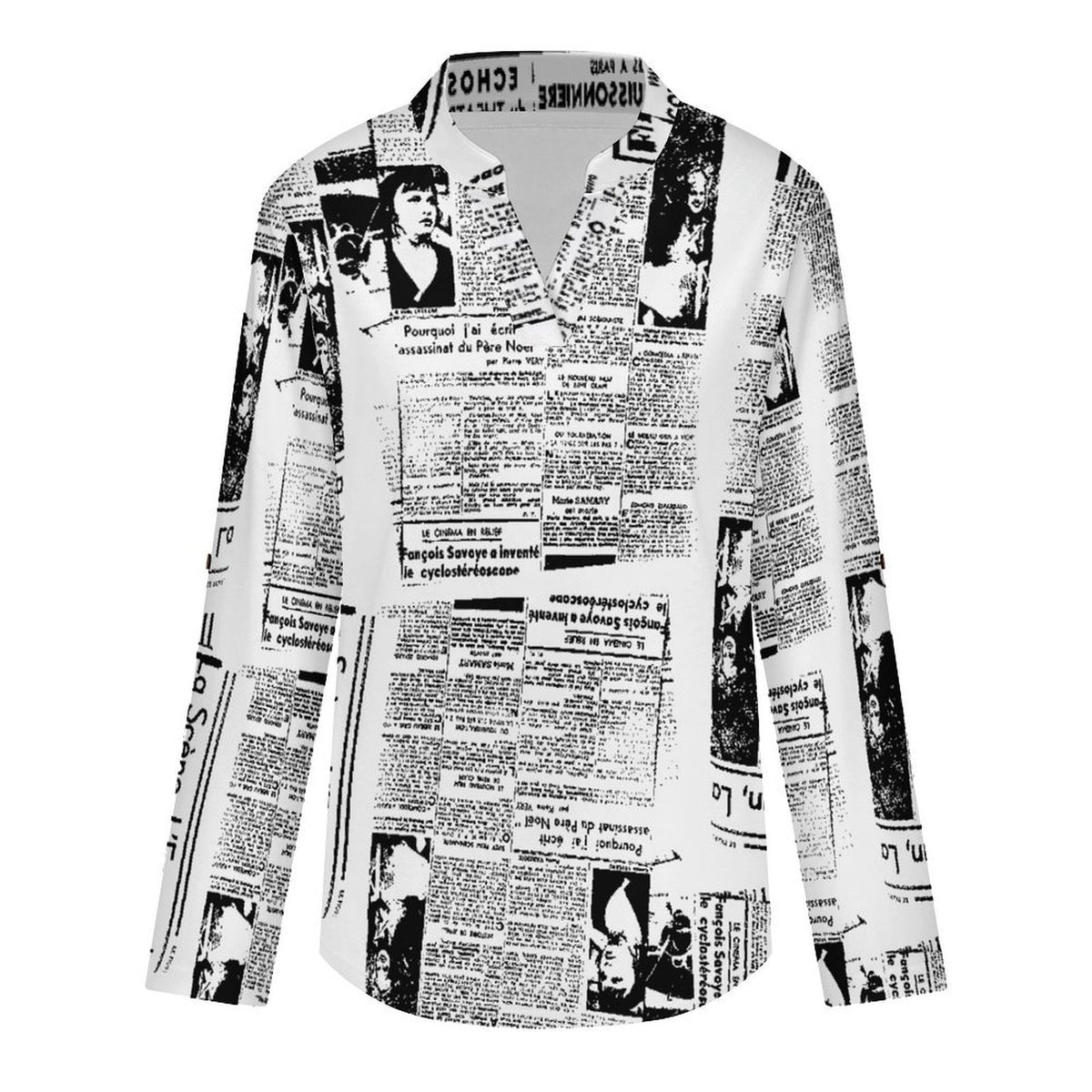 Stand-up Collar Long-sleeved Shirt Newspaper Vintage Dress white S Women’s V-Neck Blouses