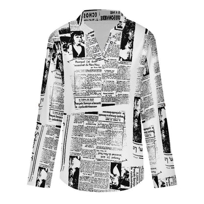 Stand-up Collar Long-sleeved Shirt Newspaper Vintage Dress white S Women’s V-Neck Blouses