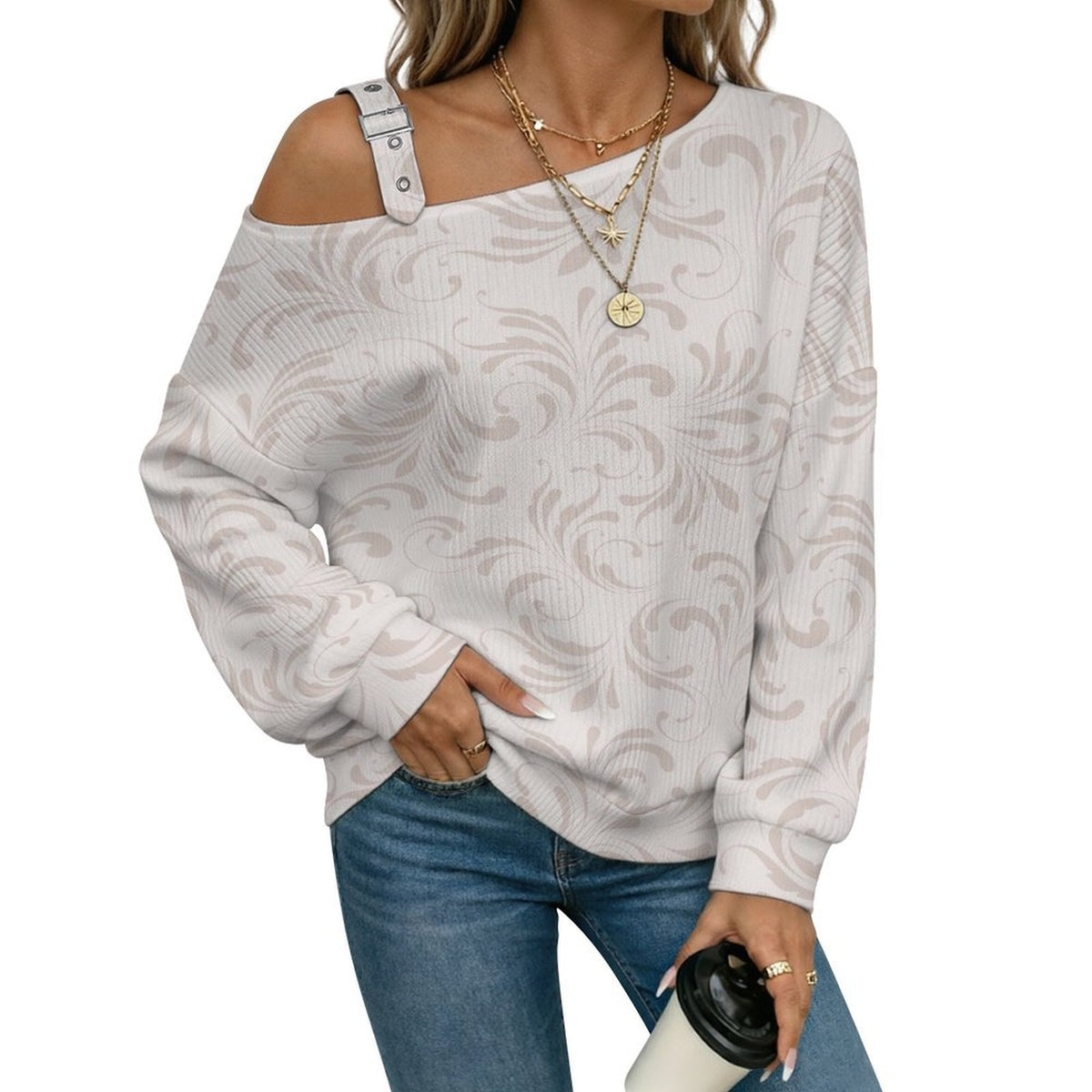 Off-the-shoulder Sweater European Retro Pattern white S Women’s Off-Shoulder Knit Sweater