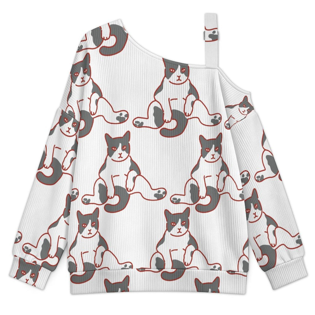 Off-the-shoulder Sweater Cat-lazy-paralyzed-arrogant-sign-white-repeat  Asymmetric Cold Shoulder Knit Sweater for Women, Adjustable Buckle Strap Long Sleeve Casual Slouchy Pullover
