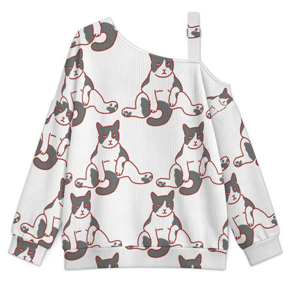 Off-the-shoulder Sweater Cat-lazy-paralyzed-arrogant-sign-white-repeat  Asymmetric Cold Shoulder Knit Sweater for Women, Adjustable Buckle Strap Long Sleeve Casual Slouchy Pullover
