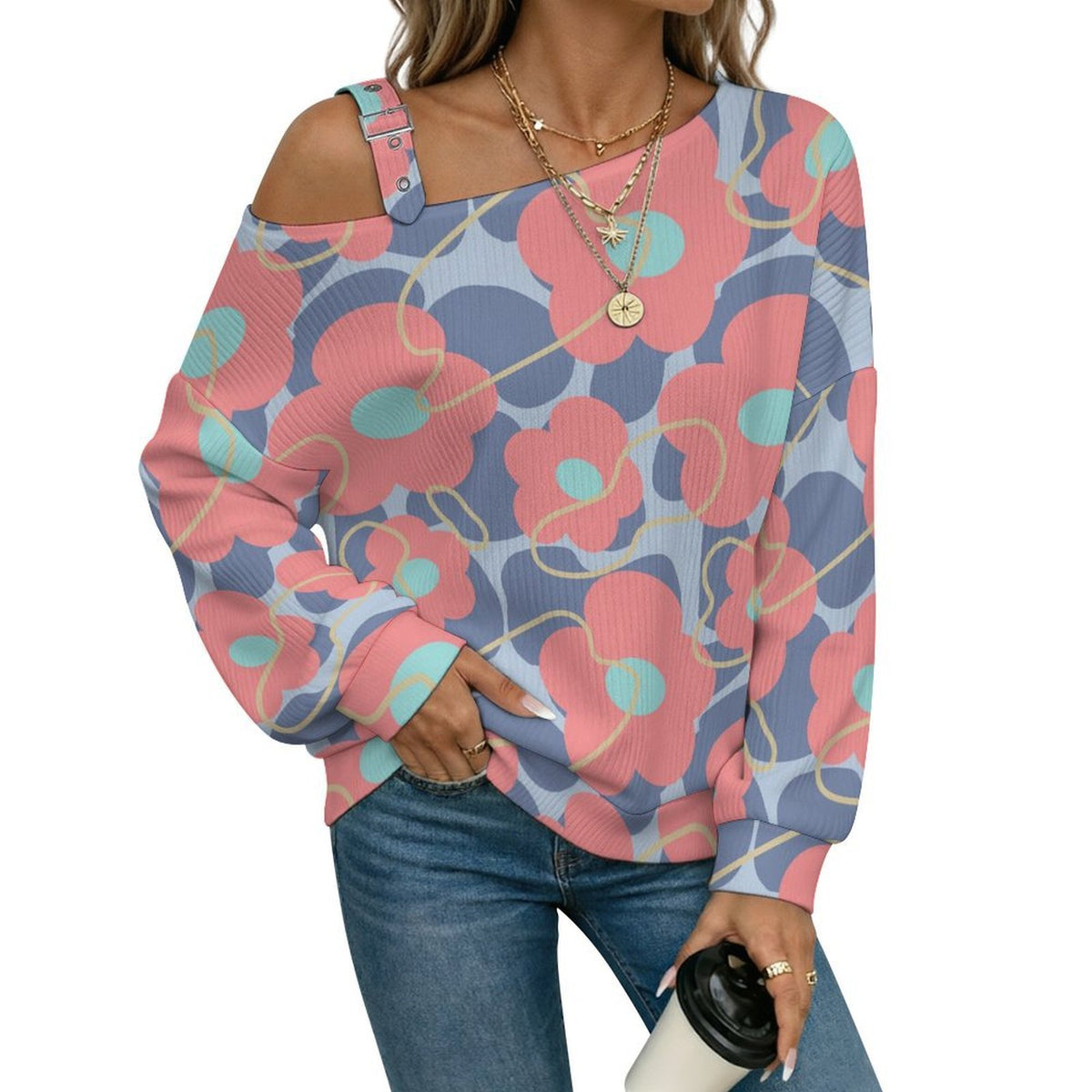 Off-the-shoulder Sweater Flower-repeat-pattern  Asymmetric Cold Shoulder Knit Sweater for Women, Adjustable Buckle Strap Long Sleeve Casual Slouchy Pullover