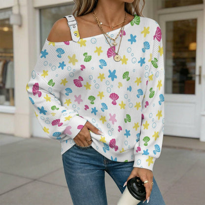 Off-the-shoulder Sweater Shell Background  Asymmetric Cold Shoulder Knit Sweater for Women, Adjustable Buckle Strap Long Sleeve Casual Slouchy Pullover