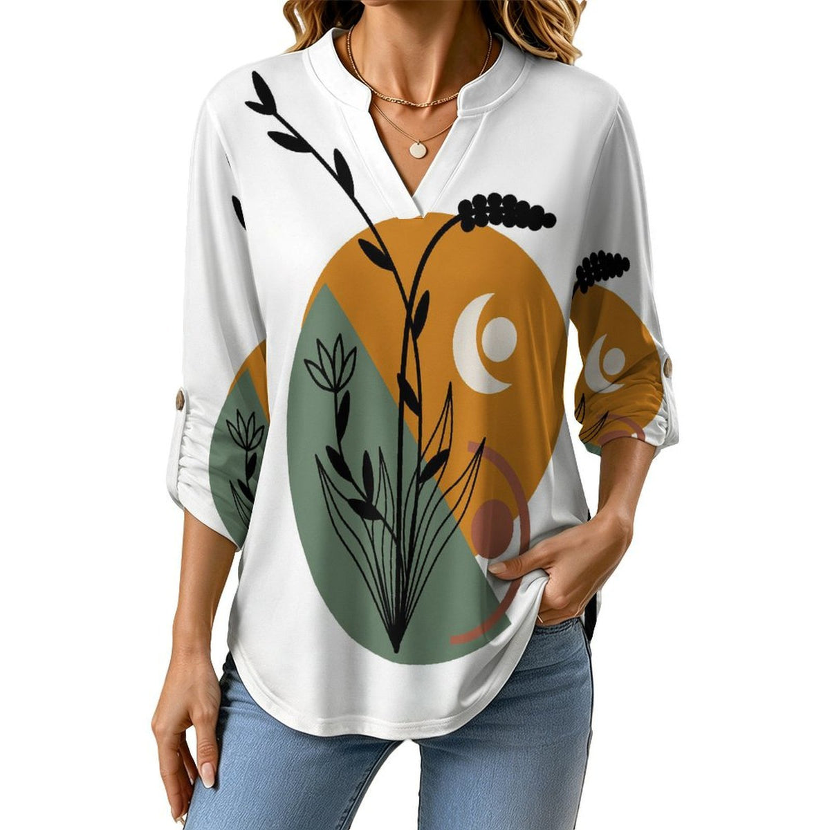 Stand-up Collar Long-sleeved Shirt Chinese Wind Scenery  Customization Women’s V-Neck Blouses,long Sleeve,Roll-Up Sleeve Shirt