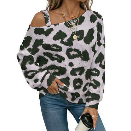 Off-the-shoulder Sweater Black And White Leopard Print  Asymmetric Cold Shoulder Knit Sweater for Women, Adjustable Buckle Strap Long Sleeve Casual Slouchy Pullover