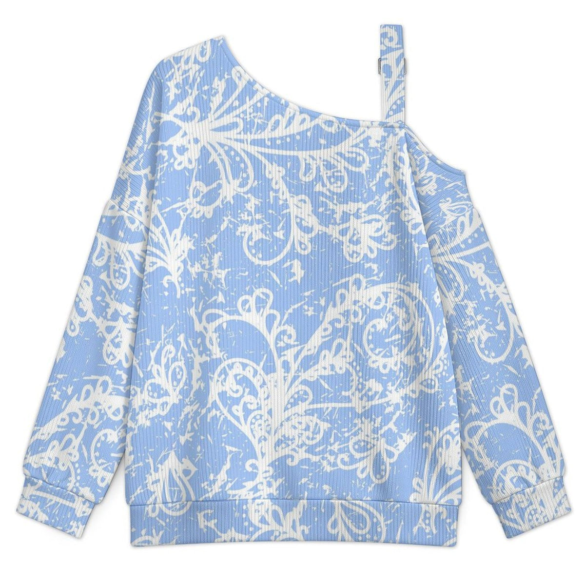 Off-the-shoulder Sweater Blue Paisley Pattern  Asymmetric Cold Shoulder Knit Sweater for Women, Adjustable Buckle Strap Long Sleeve Casual Slouchy Pullover