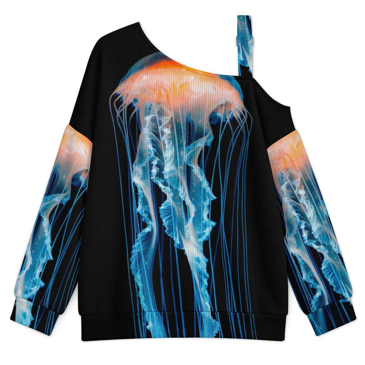 Off-the-shoulder Sweater Light Blue Orange Jellyfish  Asymmetric Cold Shoulder Knit Sweater for Women, Adjustable Buckle Strap Long Sleeve Casual Slouchy Pullover