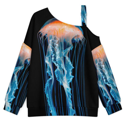 Off-the-shoulder Sweater Light Blue Orange Jellyfish  Asymmetric Cold Shoulder Knit Sweater for Women, Adjustable Buckle Strap Long Sleeve Casual Slouchy Pullover