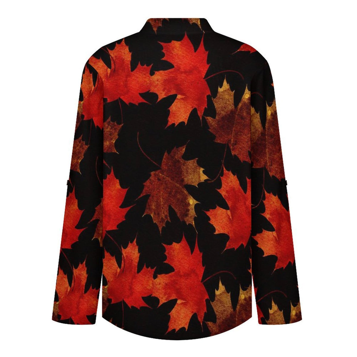 Stand-up Collar Long-sleeved Shirt Leaf Plant Pattern  Customization Women’s V-Neck Blouses,long Sleeve,Roll-Up Sleeve Shirt