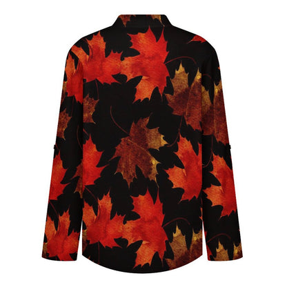 Stand-up Collar Long-sleeved Shirt Leaf Plant Pattern  Customization Women’s V-Neck Blouses,long Sleeve,Roll-Up Sleeve Shirt