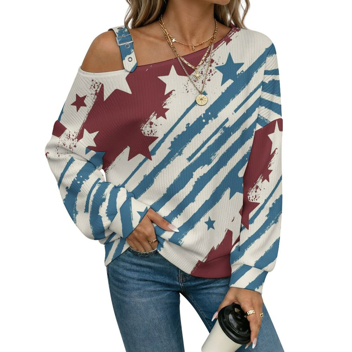 Off-the-shoulder Sweater Stripe  Asymmetric Cold Shoulder Knit Sweater for Women, Adjustable Buckle Strap Long Sleeve Casual Slouchy Pullover