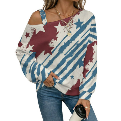 Off-the-shoulder Sweater Stripe  Asymmetric Cold Shoulder Knit Sweater for Women, Adjustable Buckle Strap Long Sleeve Casual Slouchy Pullover