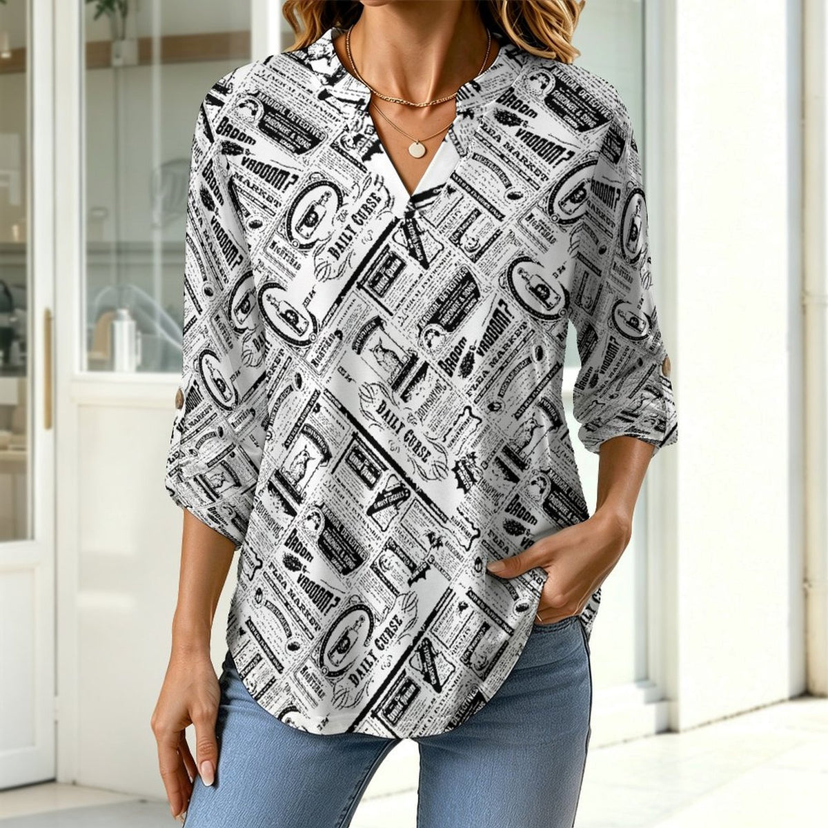Stand-up Collar Long-sleeved Shirt Newspaper Vintage Dress white S Women’s V-Neck Blouses