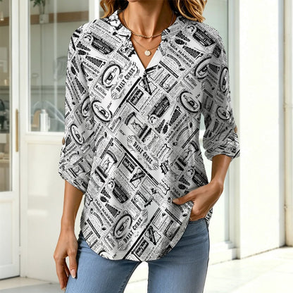 Stand-up Collar Long-sleeved Shirt Newspaper Vintage Dress white S Women’s V-Neck Blouses
