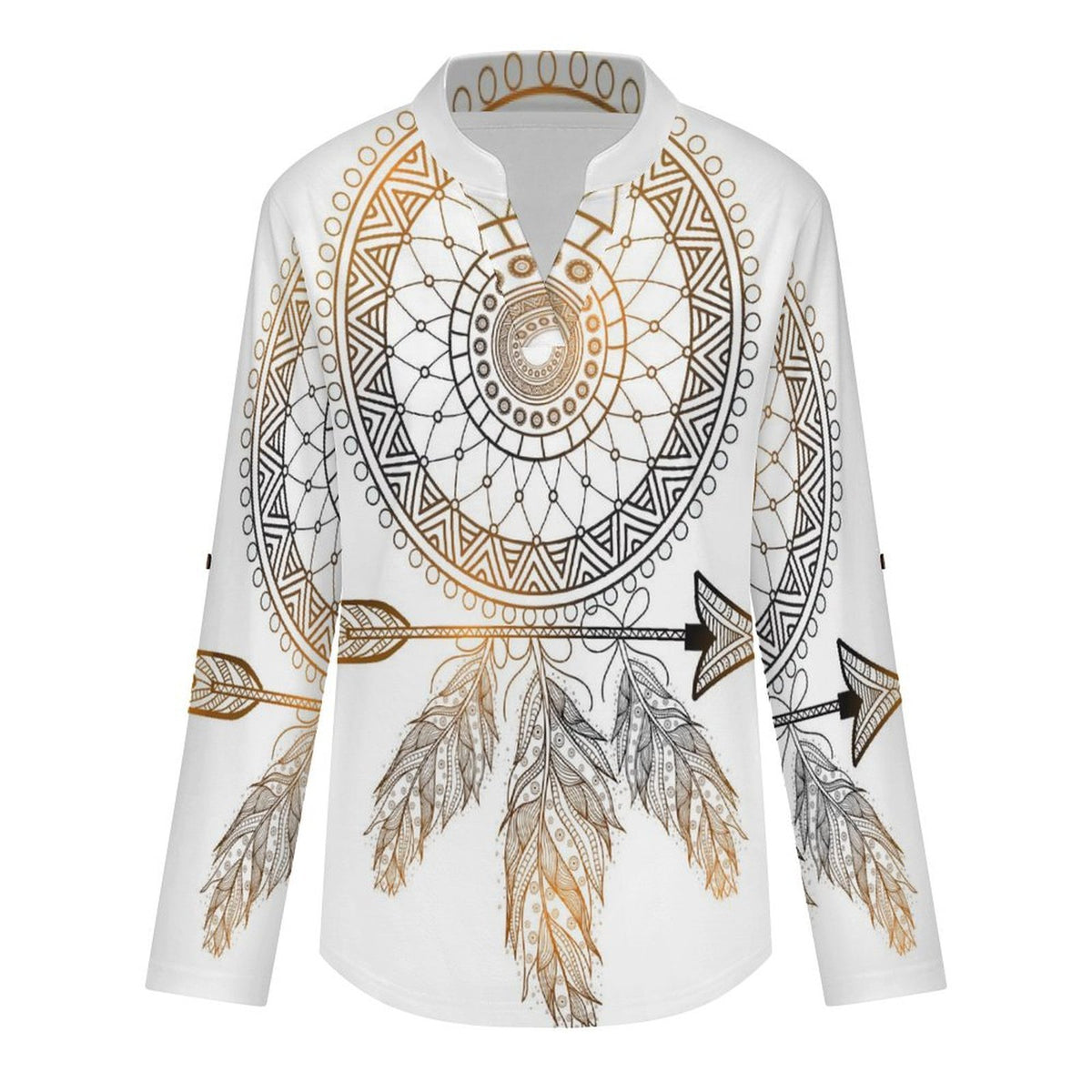 Stand-up Collar Long-sleeved Shirt Feathers  Customization Women’s V-Neck Blouses,long Sleeve,Roll-Up Sleeve Shirt