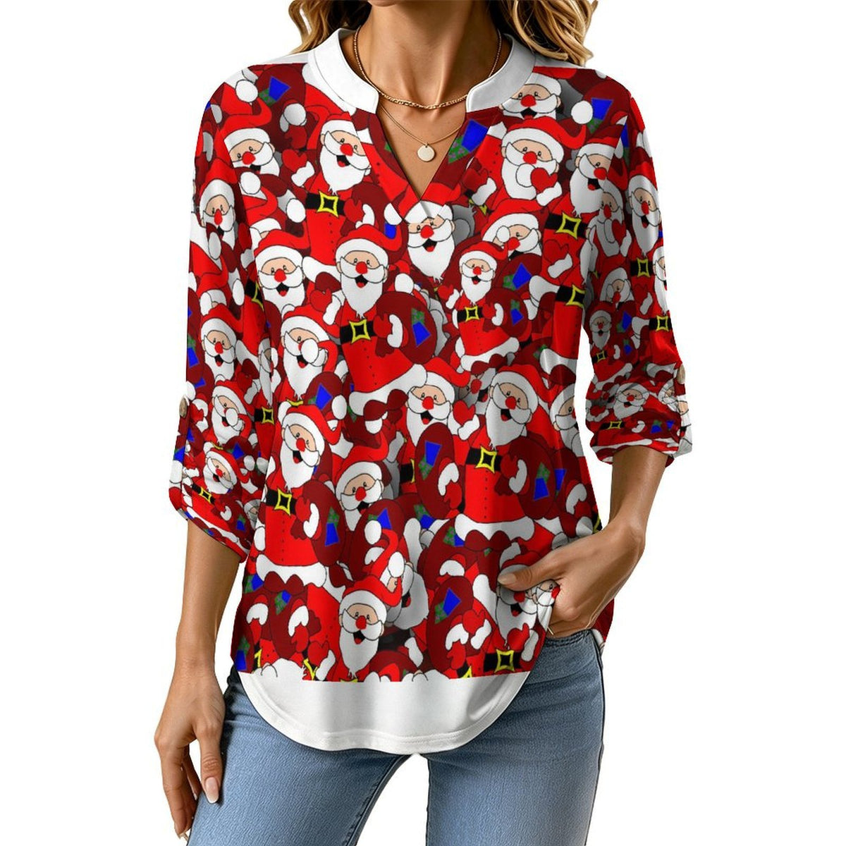 Stand-up Collar Long-sleeved Shirt Christmas, Santa Claus, Repeat