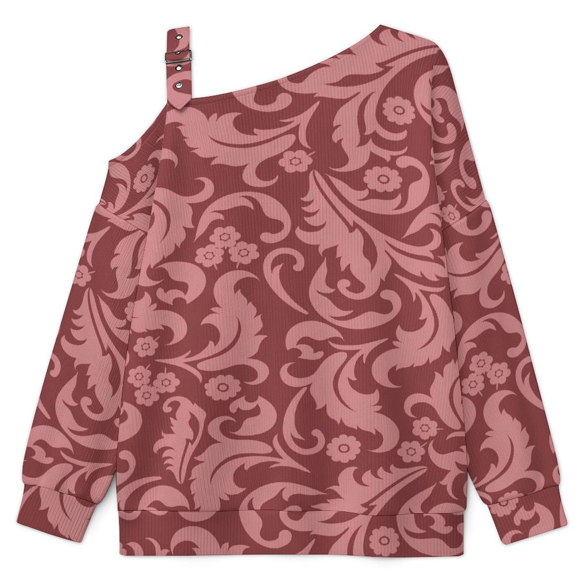 Off-the-shoulder Sweater Red European Retro Pattern  Asymmetric Cold Shoulder Knit Sweater for Women, Adjustable Buckle Strap Long Sleeve Casual Slouchy Pullover