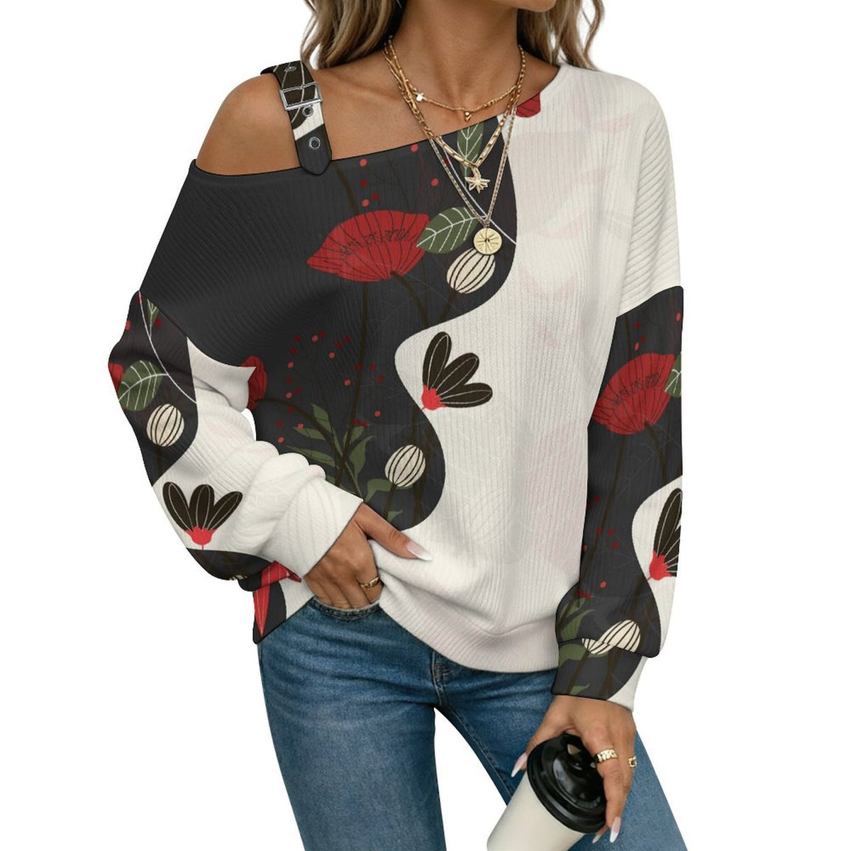 Off-the-shoulder Sweater Flowers in Danger Zone,Little Red Flowers  Asymmetric Cold Shoulder Knit Sweater for Women, Adjustable Buckle Strap Long Sleeve Casual Slouchy Pullover