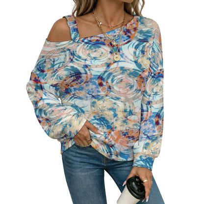 Off-the-shoulder Sweater Exotic Ethnic Pattern  Asymmetric Cold Shoulder Knit Sweater for Women, Adjustable Buckle Strap Long Sleeve Casual Slouchy Pullover
