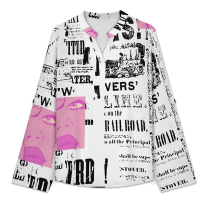 Stand-up Collar Long-sleeved Shirt Newspaper Vintage Dress  Customization Women’s V-Neck Blouses,long Sleeve,Roll-Up Sleeve Shirt
