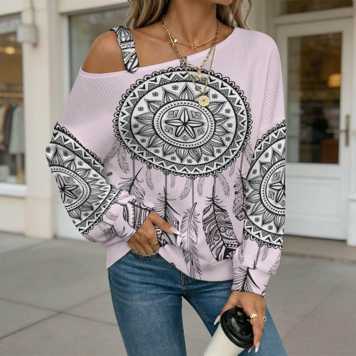 Off-the-shoulder Sweater Boho Style  Asymmetric Cold Shoulder Knit Sweater for Women, Adjustable Buckle Strap Long Sleeve Casual Slouchy Pullover