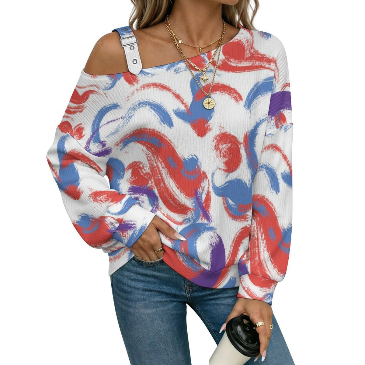 Off-the-shoulder Sweater Corlorful Abstract Painting  Asymmetric Cold Shoulder Knit Sweater for Women, Adjustable Buckle Strap Long Sleeve Casual Slouchy Pullover