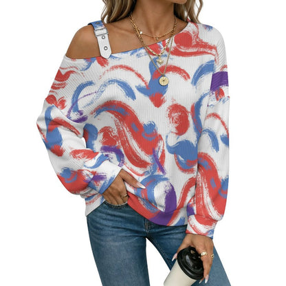 Off-the-shoulder Sweater Corlorful Abstract Painting  Asymmetric Cold Shoulder Knit Sweater for Women, Adjustable Buckle Strap Long Sleeve Casual Slouchy Pullover