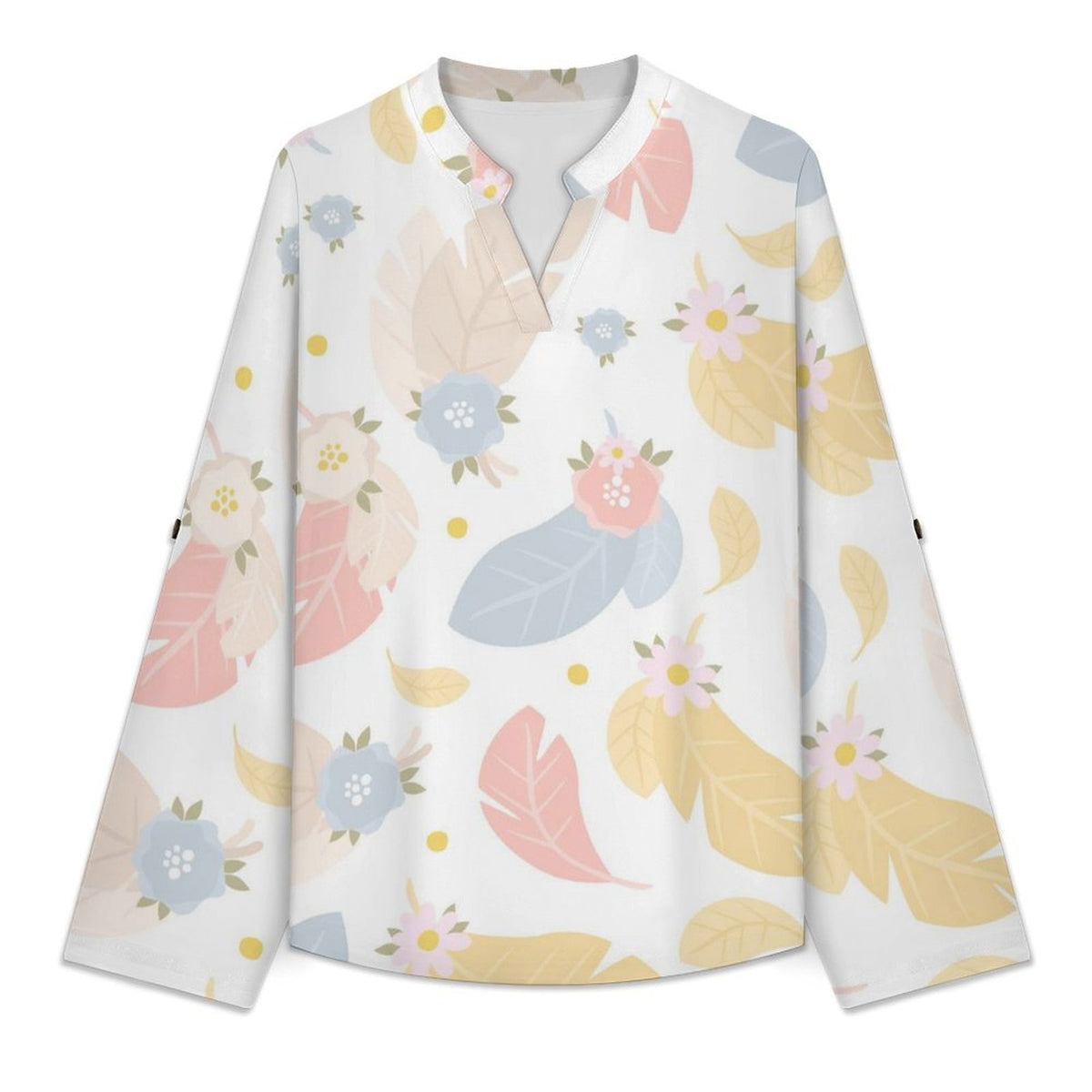 Women's Notched V Neck Tunic Tops, Roll Up 3/4 Sleeve Button Cuff Casual Blouse, Hem Loose Work Shirts  Colored Leaves