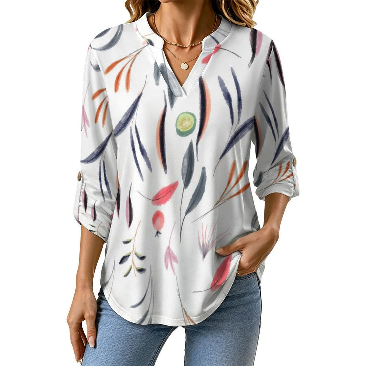 Stand-up Collar Long-sleeved Shirt Plants, Leaves  Customization Women’s V-Neck Blouses,long Sleeve,Roll-Up Sleeve Shirt