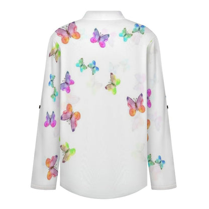 Stand-up Collar Long-sleeved Shirt Watercolor Painting, Colored Butterfly  Customization Women’s V-Neck Blouses,long Sleeve,Roll-Up Sleeve Shirt